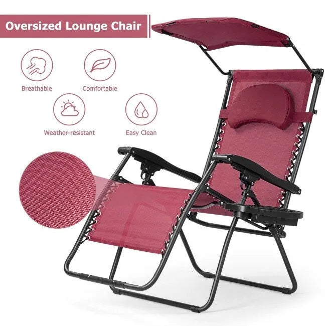 Chaise longue pliante inclinable avec pare-soleil et porte-gobelet - Rouge foncé
