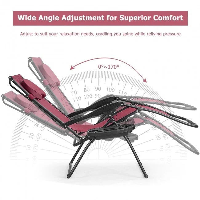 Chaise longue pliante inclinable avec pare-soleil et porte-gobelet - Rouge foncé
