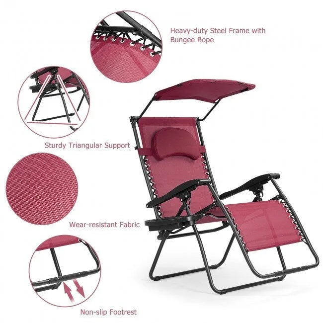 Chaise longue pliante inclinable avec pare-soleil et porte-gobelet - Rouge foncé