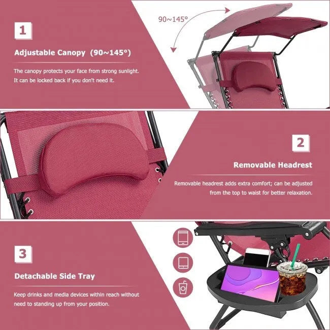Chaise longue pliante inclinable avec pare-soleil et porte-gobelet - Rouge foncé