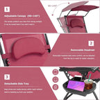 Chaise longue pliante inclinable avec pare-soleil et porte-gobelet - Rouge foncé