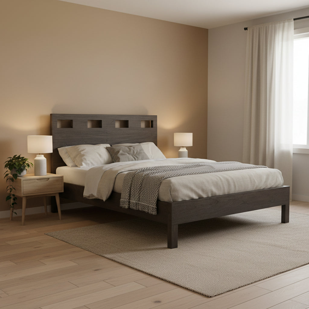 Yee King Bed, Gray Wood, 4 Side Drawers, Cut Out Headboard Design