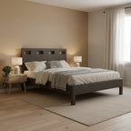 Yee King Bed, Gray Wood, 4 Side Drawers, Cut Out Headboard Design