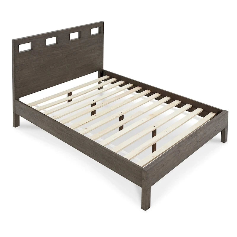 Lit king-size, bois gris, 4 tiroirs latéraux, tête de lit ajourée