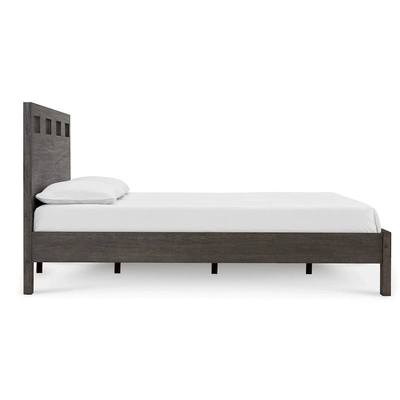 Lit king-size, bois gris, 4 tiroirs latéraux, tête de lit ajourée