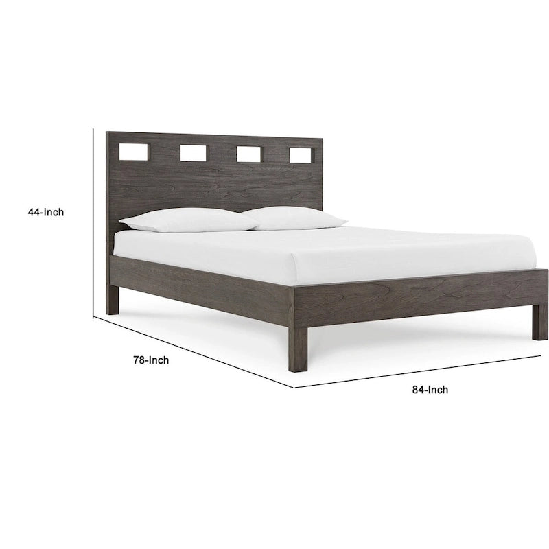 Lit king-size, bois gris, 4 tiroirs latéraux, tête de lit ajourée
