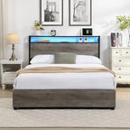 Cadre de lit avec tête de lit de rangement, 4 tiroirs, lumières LED et station de recharge