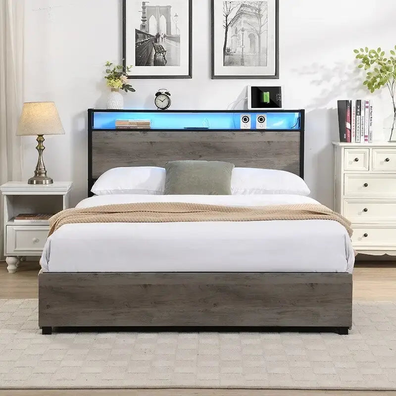 Cadre de lit avec tête de lit de rangement, 4 tiroirs, lumières LED et station de recharge
