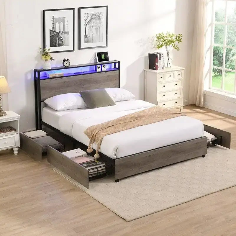 Cadre de lit avec tête de lit de rangement, 4 tiroirs, lumières LED et station de recharge