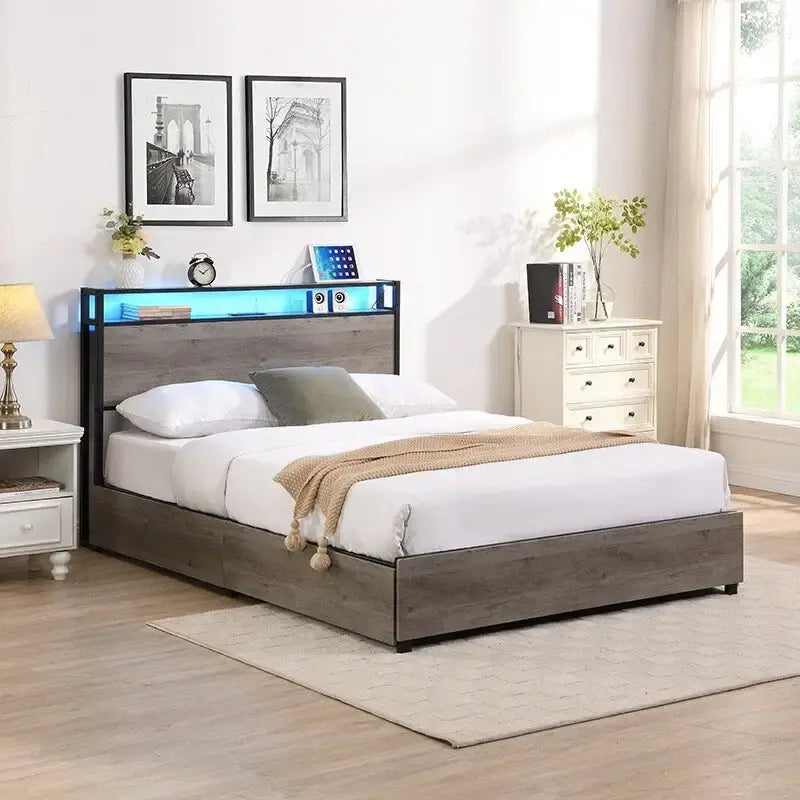 Cadre de lit avec tête de lit de rangement, 4 tiroirs, lumières LED et station de recharge