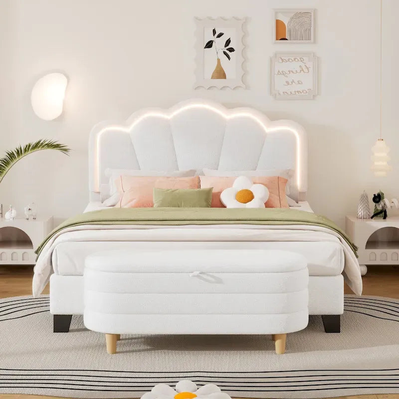 Ensemble de chambre 2 pièces avec cadre de lit LED et banc de rangement – Grand lit/Lit simple