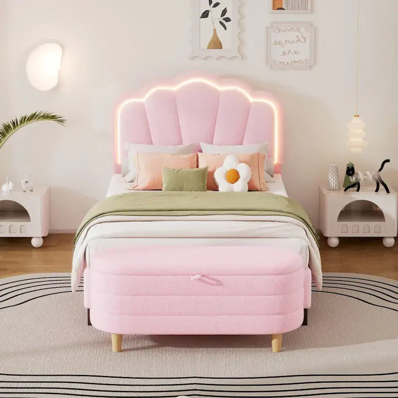 Ensemble de chambre 2 pièces avec cadre de lit LED et banc de rangement – Grand lit/Lit simple