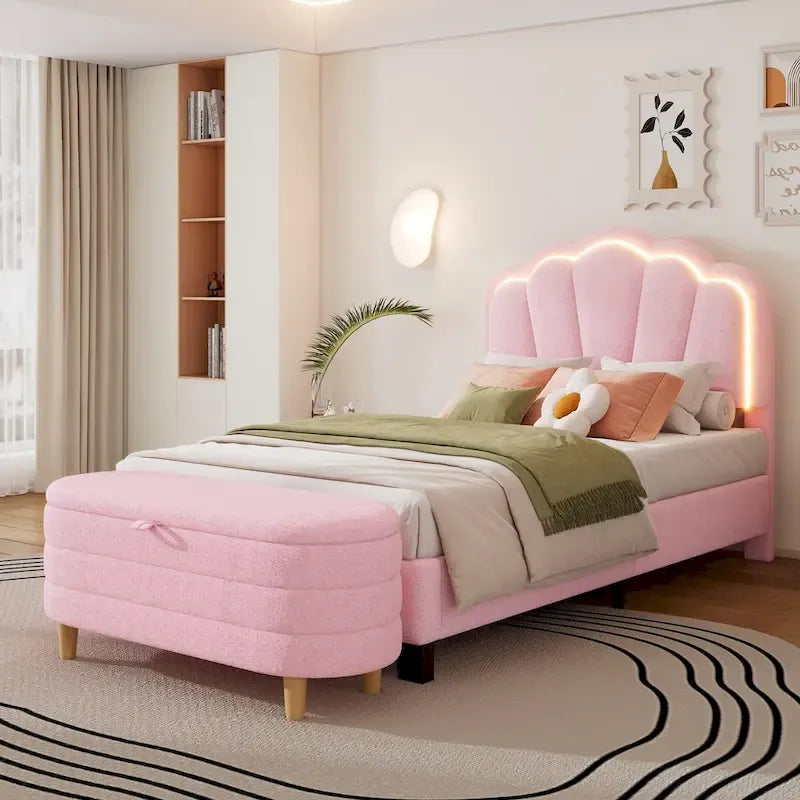 Ensemble de chambre 2 pièces avec cadre de lit LED et banc de rangement – Grand lit/Lit simple