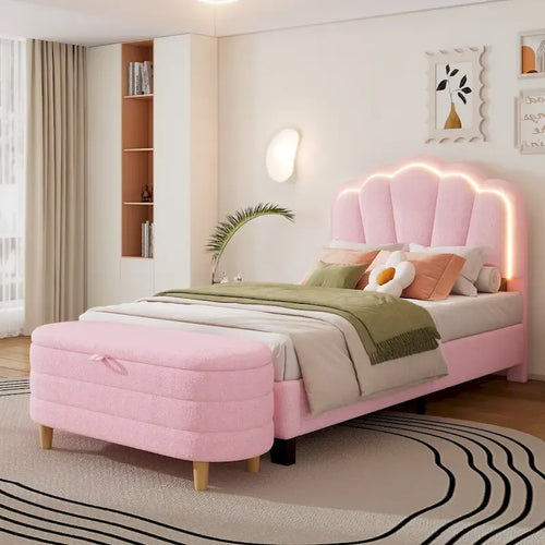 Ensemble de chambre 2 pièces avec cadre de lit LED et banc de rangement – Grand lit/Lit simple