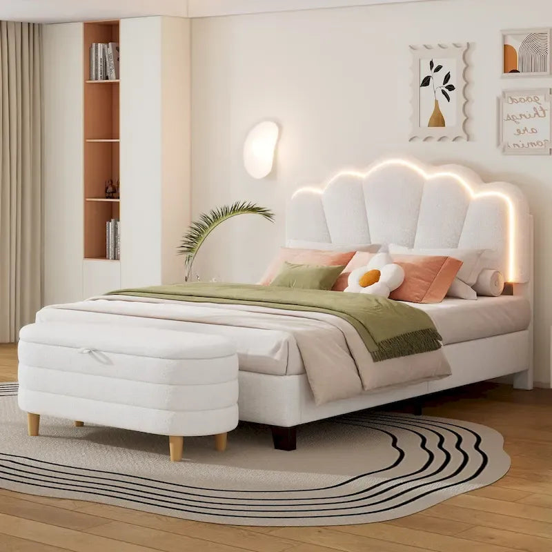 Ensemble de chambre 2 pièces avec cadre de lit LED et banc de rangement – Grand lit/Lit simple