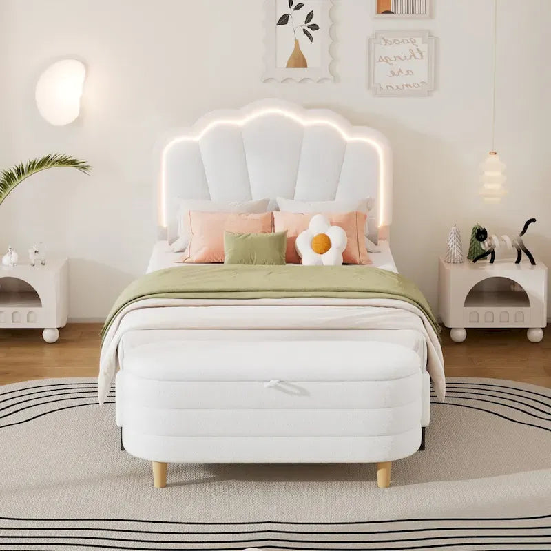 Ensemble de chambre 2 pièces avec cadre de lit LED et banc de rangement – Grand lit/Lit simple