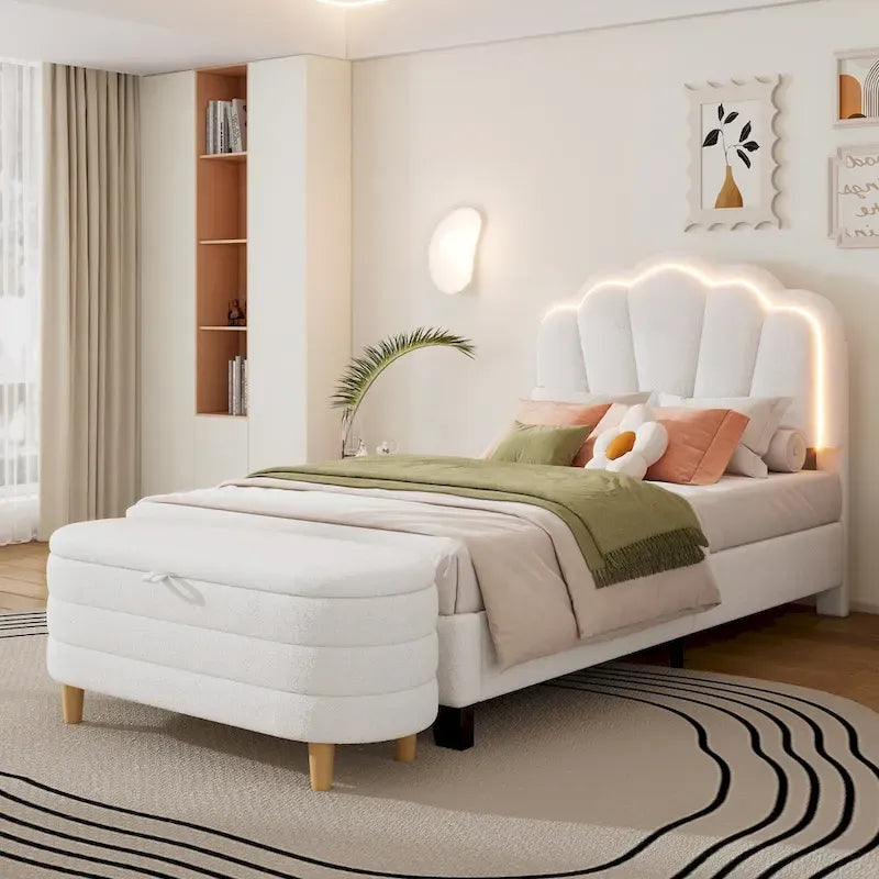 Ensemble de chambre 2 pièces avec cadre de lit LED et banc de rangement – Grand lit/Lit simple