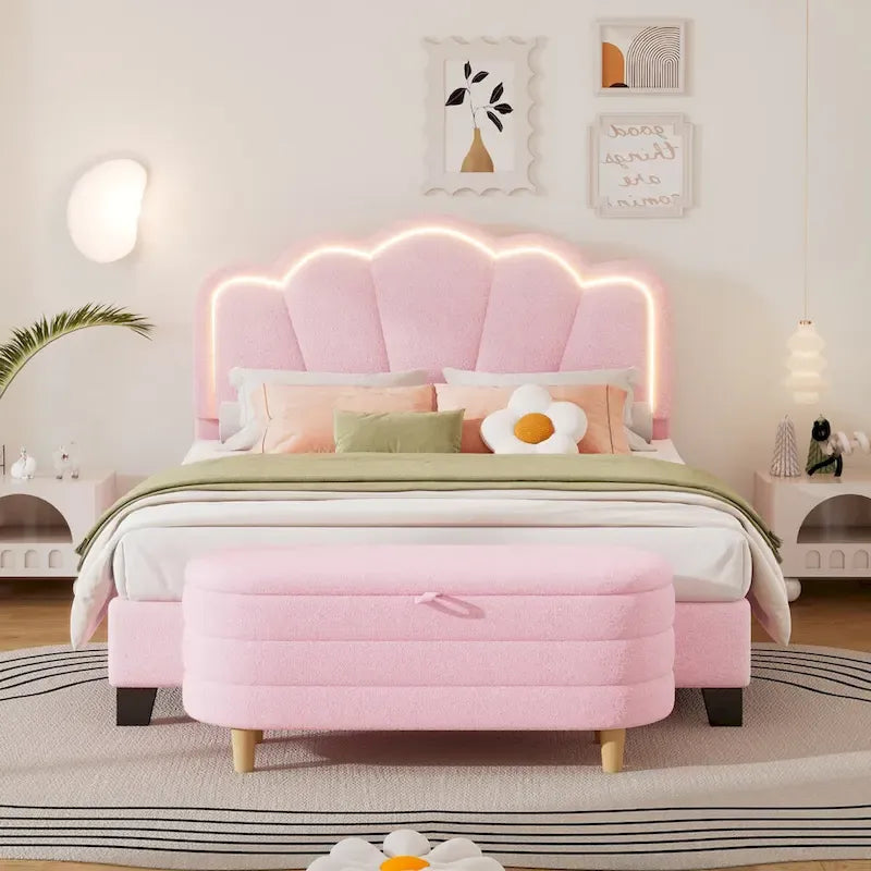 Ensemble de chambre 2 pièces avec cadre de lit LED et banc de rangement – Grand lit/Lit simple