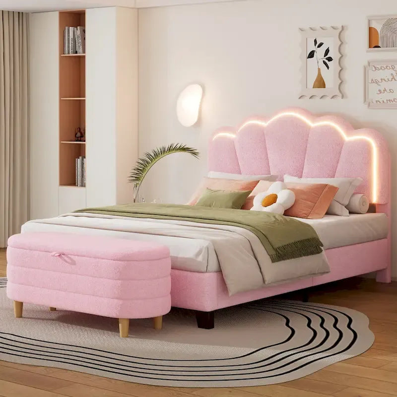 Ensemble de chambre 2 pièces avec cadre de lit LED et banc de rangement – Grand lit/Lit simple