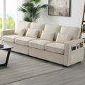 Canapé 4 places moderne en tissu de lin avec pochettes accoudoirs et 4 oreillers