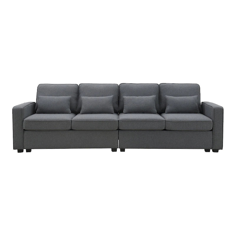 Canapé 4 places moderne en tissu de lin avec pochettes accoudoirs et 4 oreillers