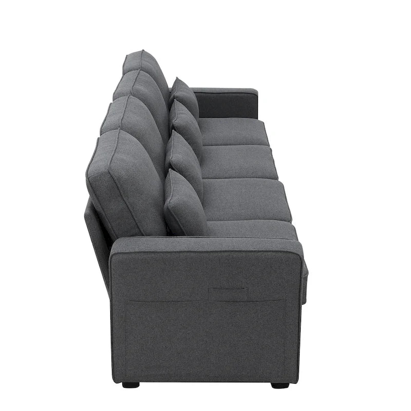 Canapé 4 places moderne en tissu de lin avec pochettes accoudoirs et 4 oreillers