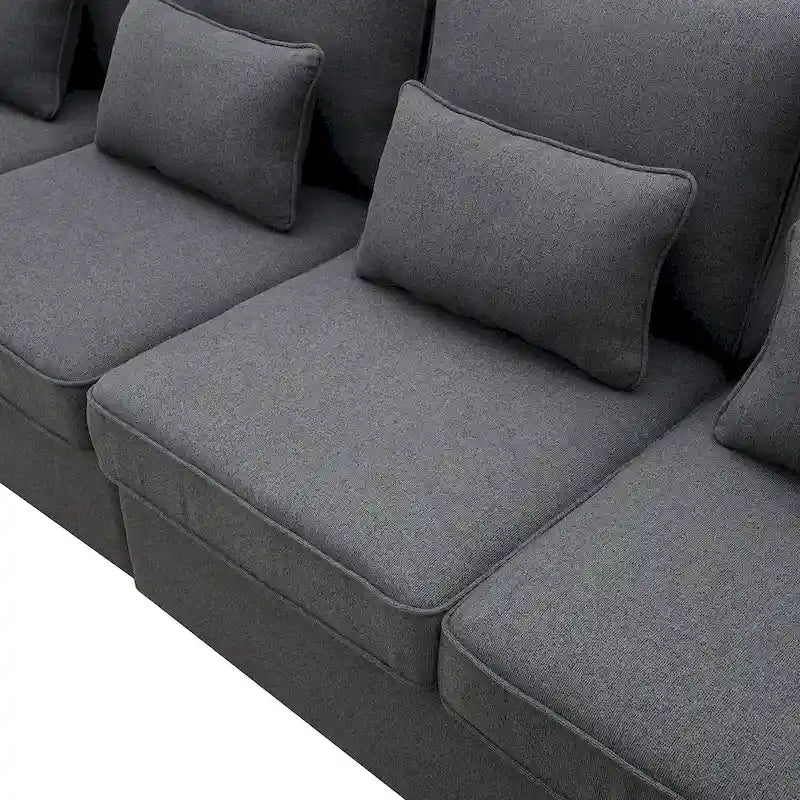 Canapé 4 places moderne en tissu de lin avec pochettes accoudoirs et 4 oreillers