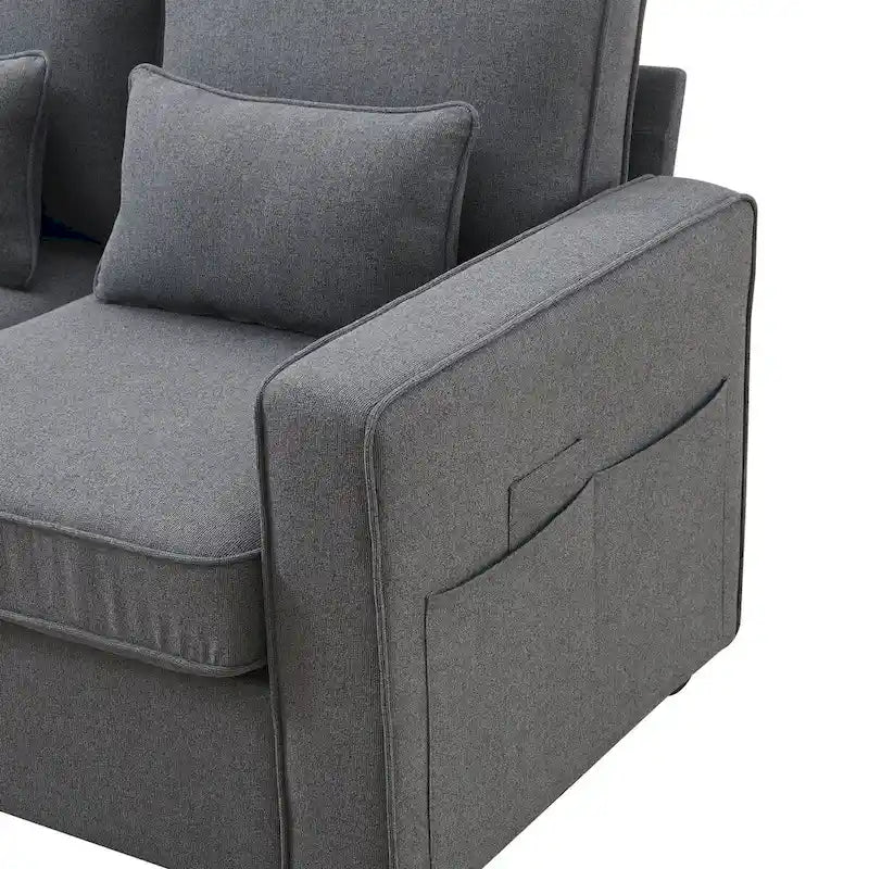 Canapé 4 places moderne en tissu de lin avec pochettes accoudoirs et 4 oreillers