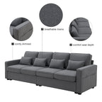 Canapé 4 places moderne en tissu de lin avec pochettes accoudoirs et 4 oreillers