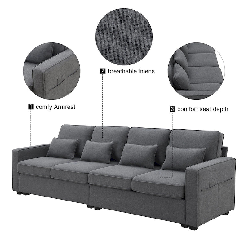 Canapé 4 places moderne en tissu de lin avec pochettes accoudoirs et 4 oreillers