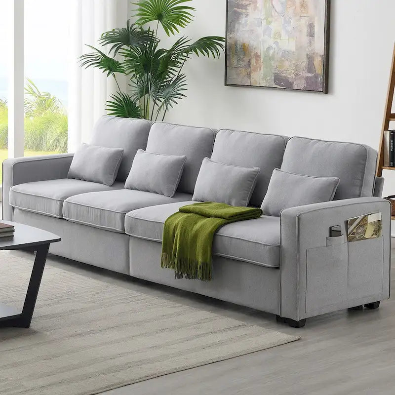 Canapé 4 places moderne en tissu de lin avec pochettes accoudoirs et 4 oreillers