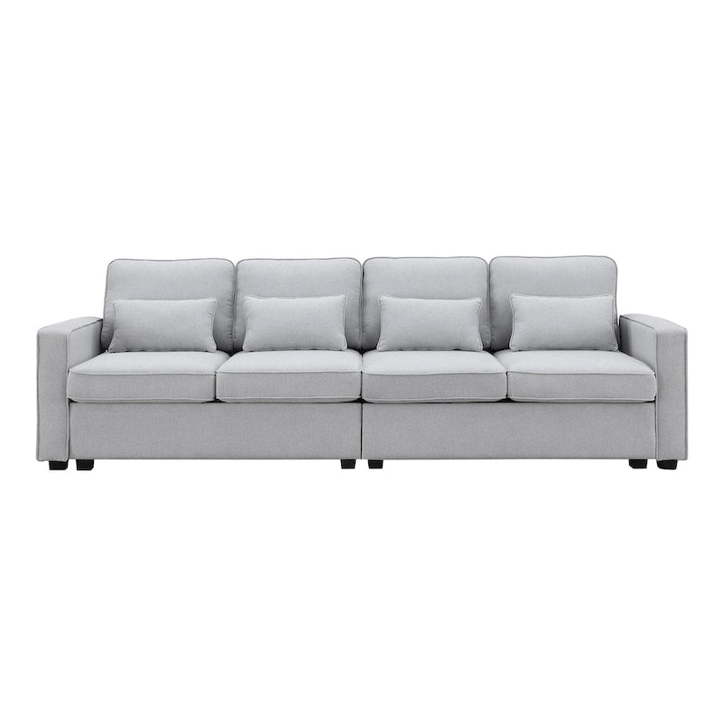 Canapé 4 places moderne en tissu de lin avec pochettes accoudoirs et 4 oreillers