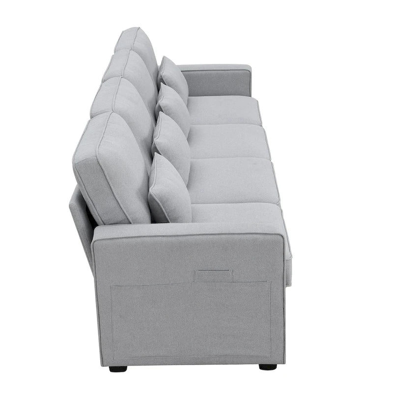 Canapé 4 places moderne en tissu de lin avec pochettes accoudoirs et 4 oreillers