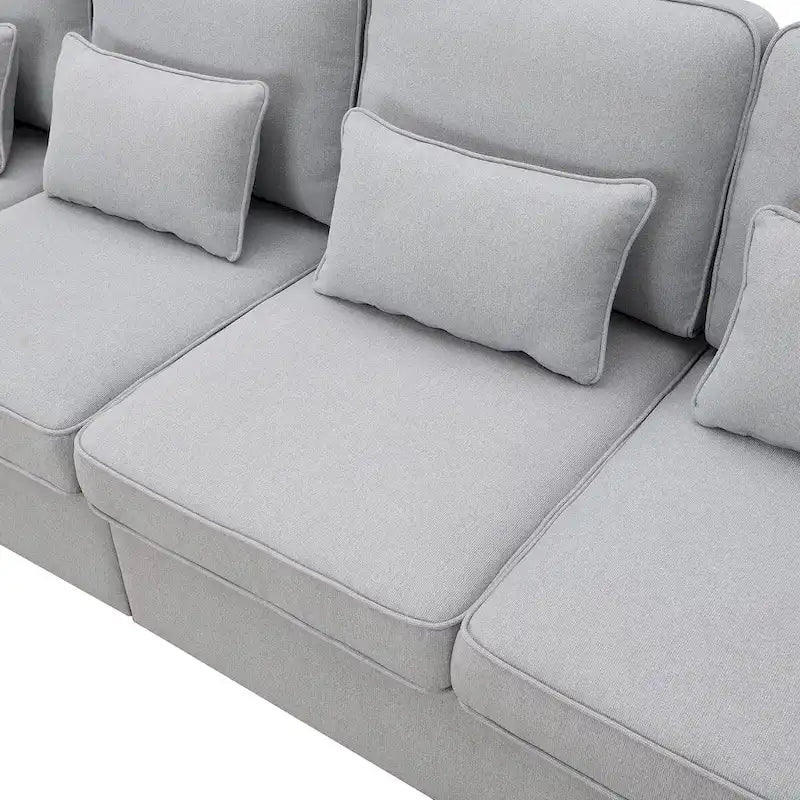 Canapé 4 places moderne en tissu de lin avec pochettes accoudoirs et 4 oreillers