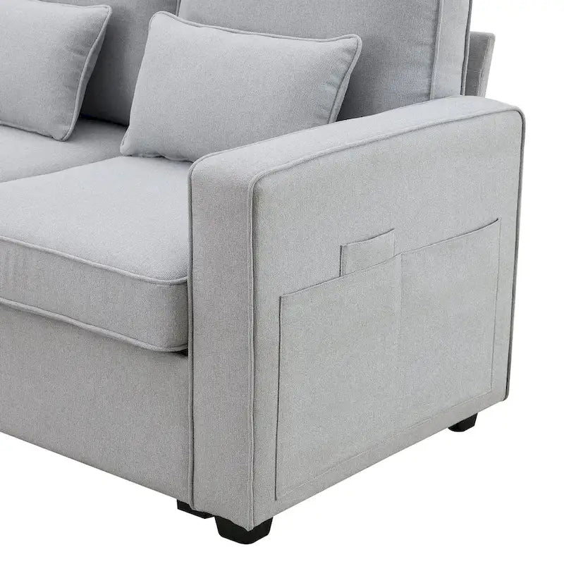 Canapé 4 places moderne en tissu de lin avec pochettes accoudoirs et 4 oreillers