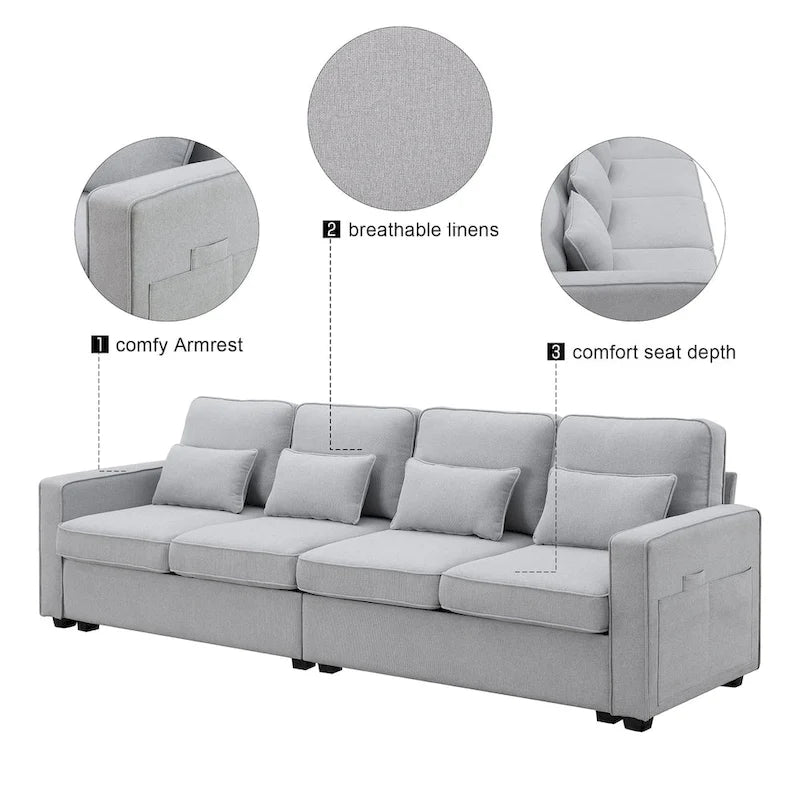 Canapé 4 places moderne en tissu de lin avec pochettes accoudoirs et 4 oreillers