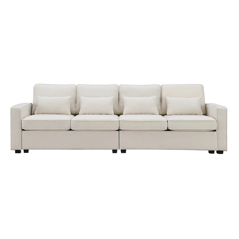Canapé 4 places moderne en tissu de lin avec pochettes accoudoirs et 4 oreillers