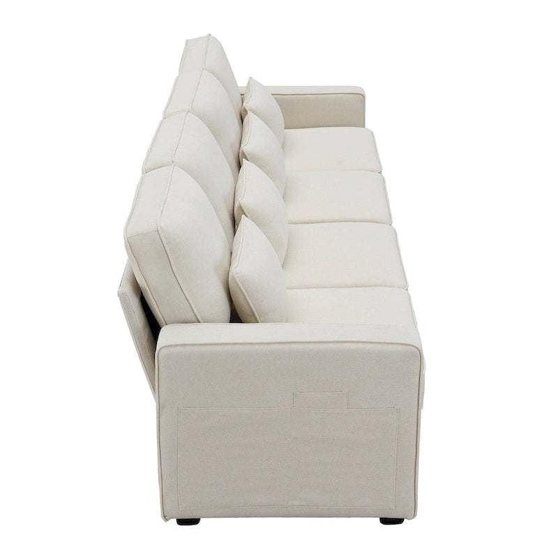 Canapé 4 places moderne en tissu de lin avec pochettes accoudoirs et 4 oreillers