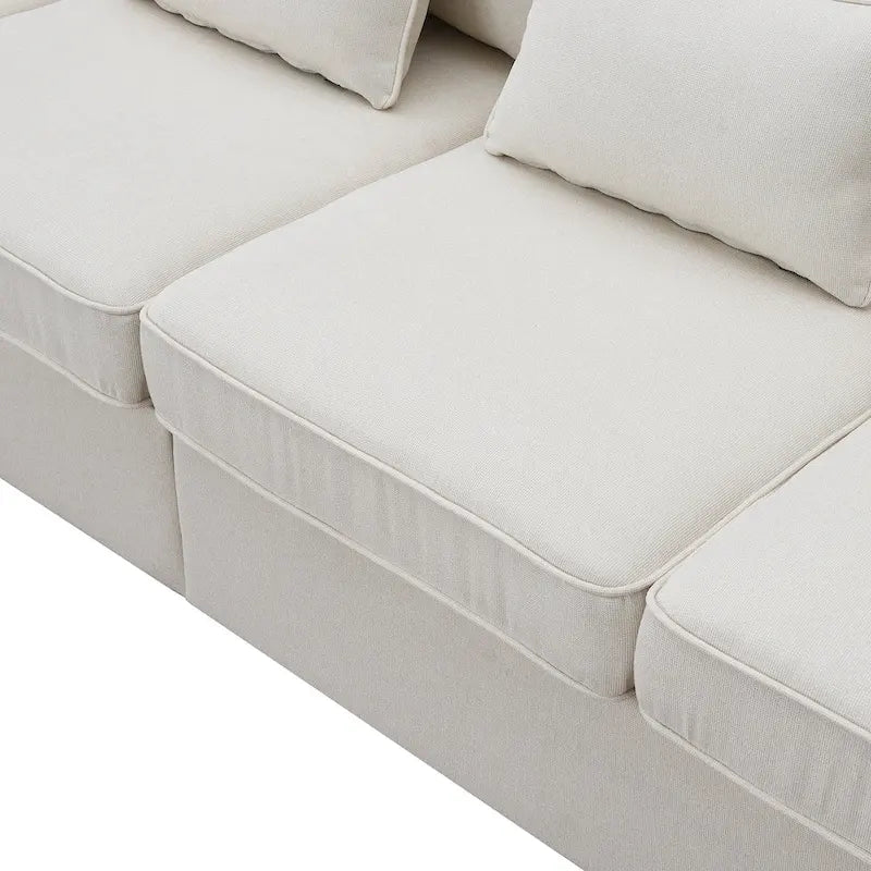 Canapé 4 places moderne en tissu de lin avec pochettes accoudoirs et 4 oreillers