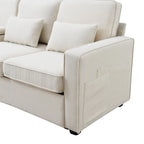 Canapé 4 places moderne en tissu de lin avec pochettes accoudoirs et 4 oreillers