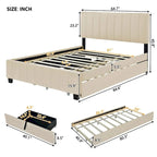 Lit plateforme rembourré Queen Size avec tiroirs de rangement et lit gigogne