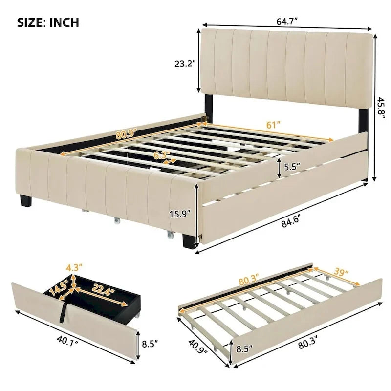 Lit plateforme rembourré Queen Size avec tiroirs de rangement et lit gigogne