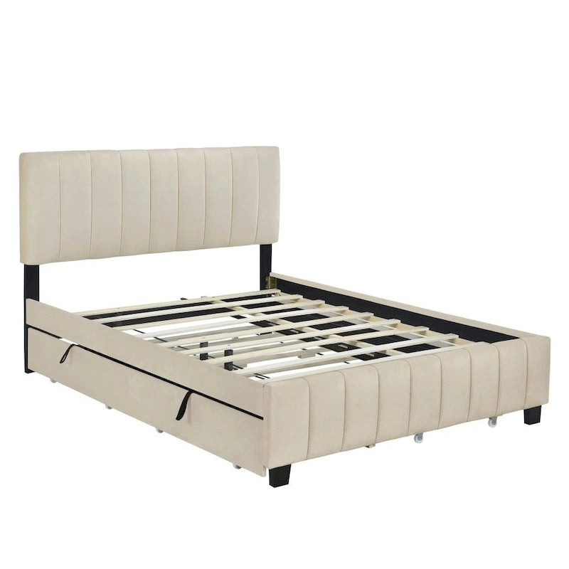 Lit plateforme rembourré Queen Size avec tiroirs de rangement et lit gigogne