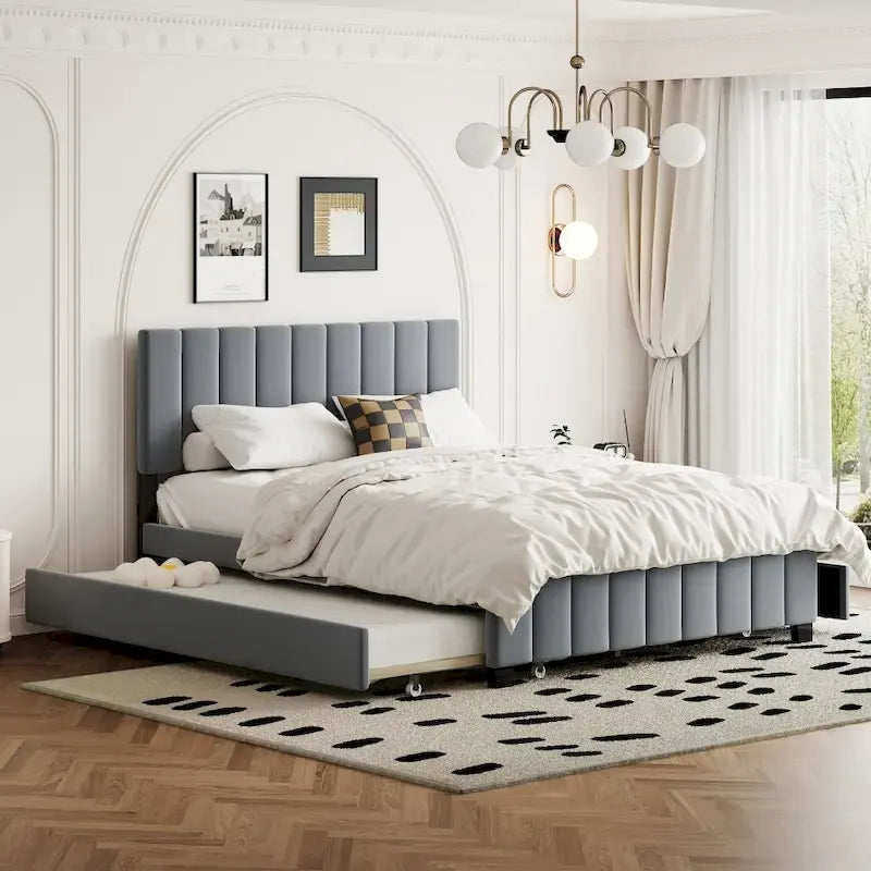 Lit plateforme rembourré Queen Size avec tiroirs de rangement et lit gigogne