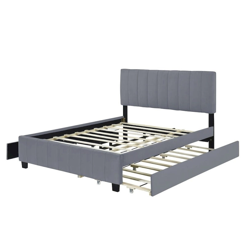 Lit plateforme rembourré Queen Size avec tiroirs de rangement et lit gigogne