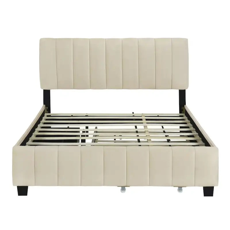 Lit plateforme rembourré Queen Size avec tiroirs de rangement et lit gigogne